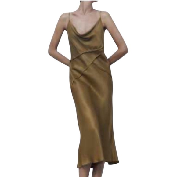 Revolve Sincerely Jules Cowl Strap Satin Dress. Olive Bronze. Size M. #621 NWOT - Picture 1 of 8